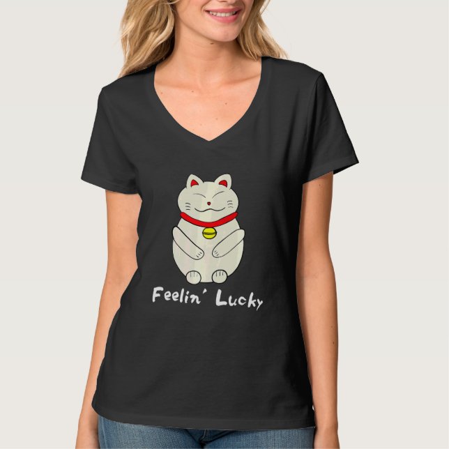 Lucky Cat Feelin' Lucky Maneki Neko T Shirt (Framsida)