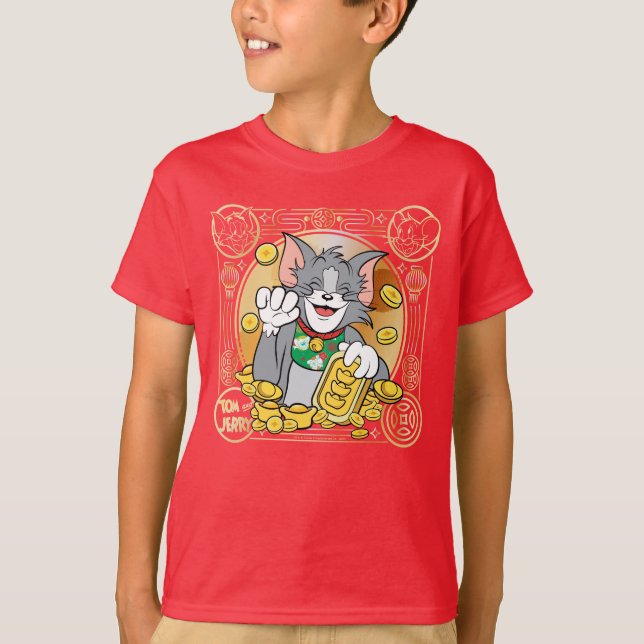Lucky Cat Jerry med Guld Sycees T Shirt (Framsida)