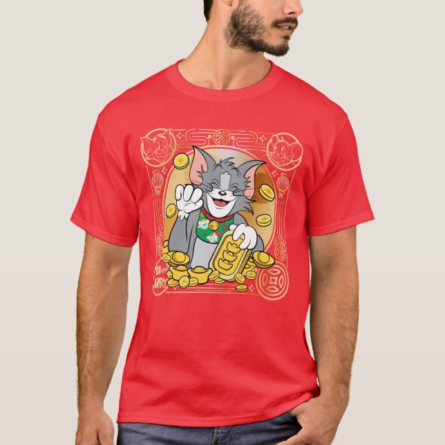 Lucky Cat Jerry med Guld Sycees T Shirt (Framsida)