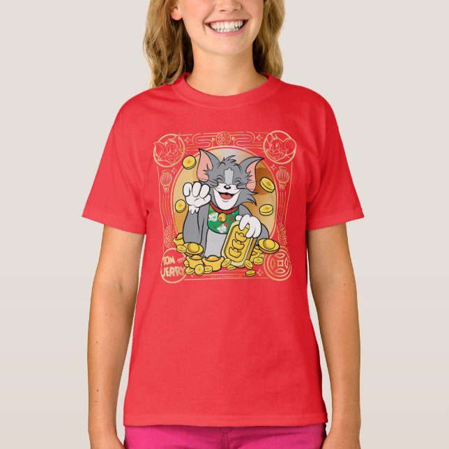 Lucky Cat Jerry med Guld Sycees T Shirt (Framsida)