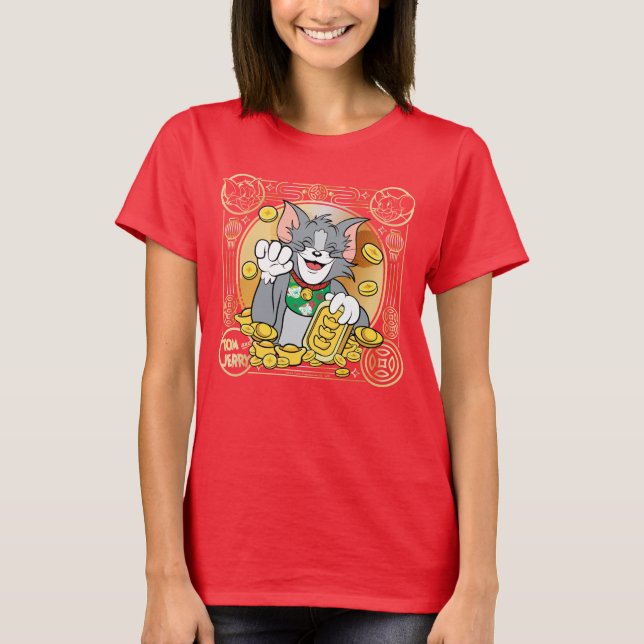 Lucky Cat Jerry med Guld Sycees T Shirt (Framsida)