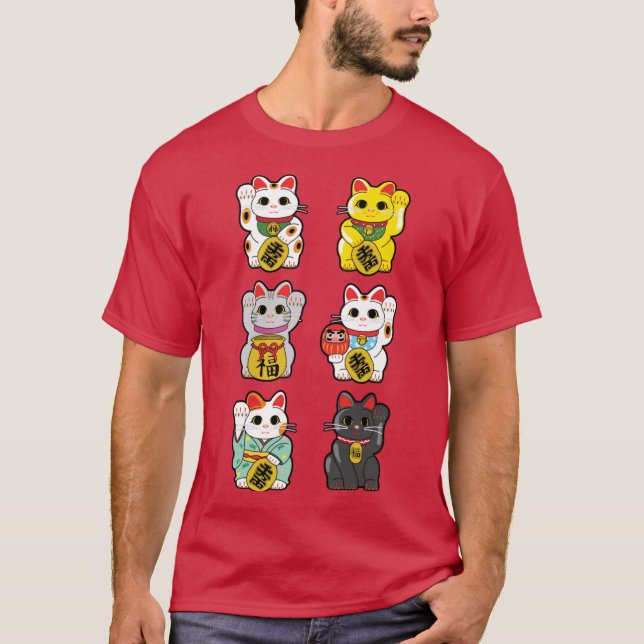 Lucky Cat Maneki Neko family retro T Shirt (Framsida)
