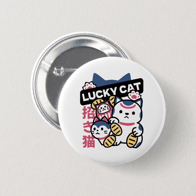 Lucky Cat Maneki Neko – Japansk Lyckokatt  Knapp (Framsida & baksida)