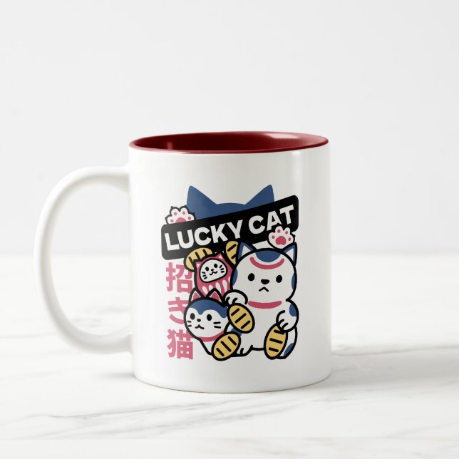 Lucky Cat Maneki Neko – Japansk Lyckokatt  Två-Tonad Mugg (Vänster)