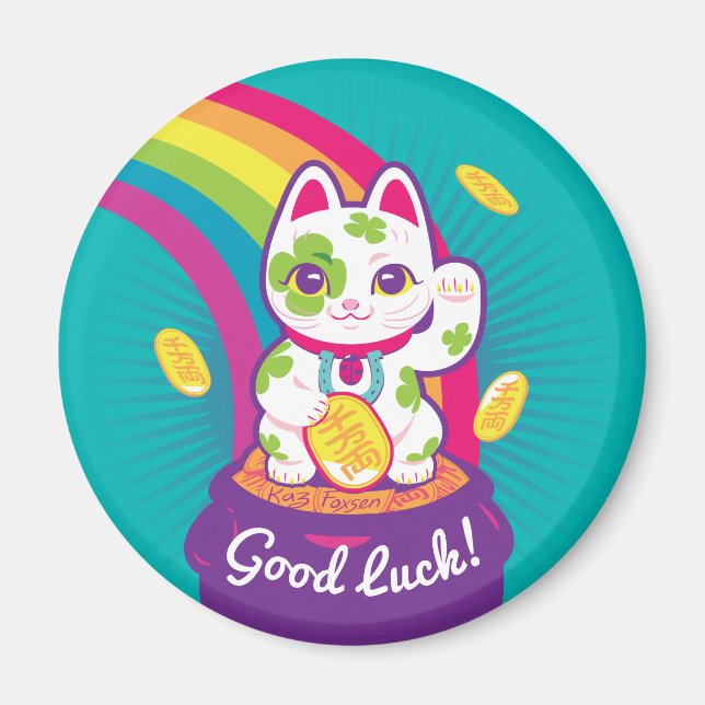 Lucky Cat Maneki Neko Lycka till Pot of Guld Magnet (Framsidan)
