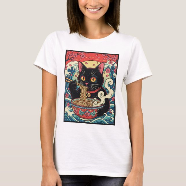 Lucky Cat Ramen Noodle Art T Shirt (Framsida)