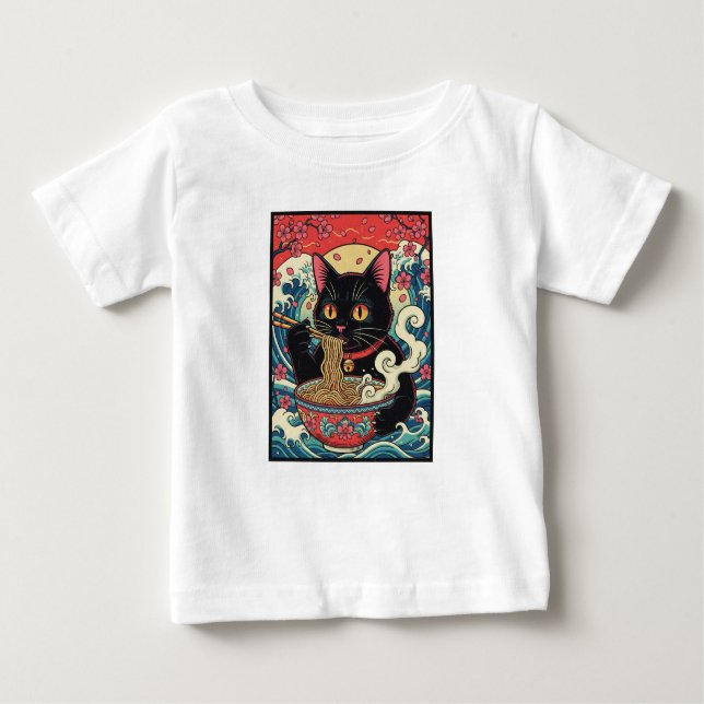Lucky Cat Ramen Noodle Art T Shirt (Framsida)