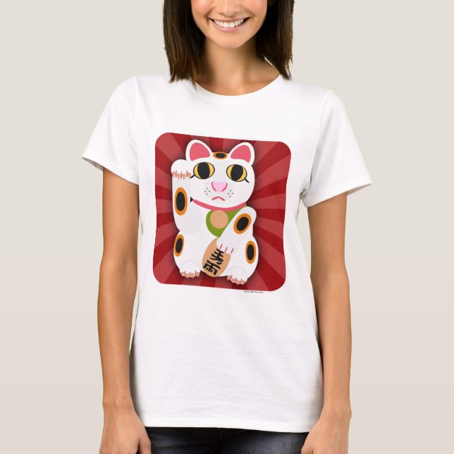 Lucky Cat Tecknad Cute White Fortune Pet Art T-shirt (Framsida)