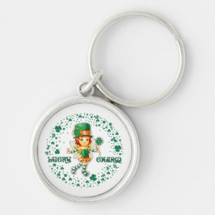 Lucky Charm. Fairy Irish Girl St. Patrick's Day Rund Silverfärgad Nyckelring