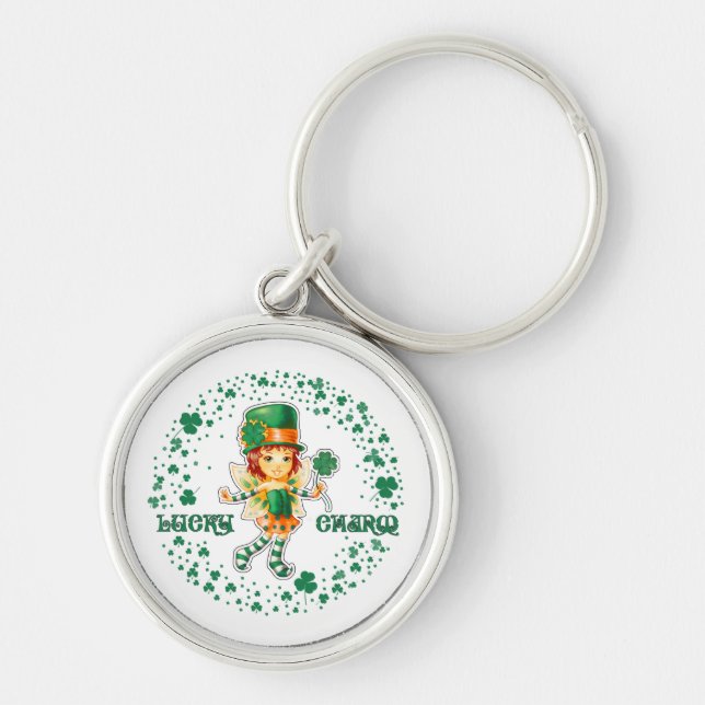 Lucky Charm. Fairy Irish Girl St. Patrick's Day Rund Silverfärgad Nyckelring (Framsidan)
