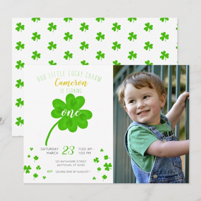 Lucky Charm, Lucky One St. Patricks Day Birthday Inbjudningar (Fram/baksida)