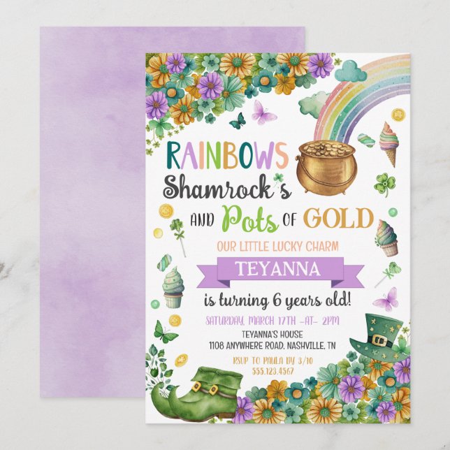 Lucky Charm Pot of Guld Rainbow Sunblomdag Birthda Inbjudningar (Fram/baksida)