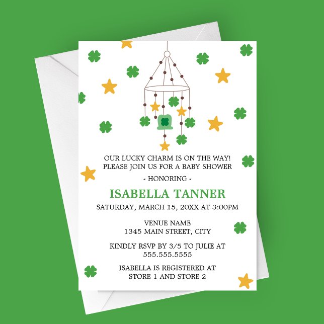 Lucky Charm Shamrock and Star Mobile Baby Shower Inbjudningar (Lucky Charm Shamrock and Stars Baby Mobile Baby Shower Invitation for St. Patrick's Day)