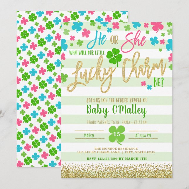 Lucky Charm St patrick's day Gender Reveal Inbjudningar (Fram/baksida)