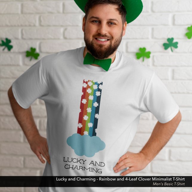 Lucky & Charming Rainbow 4-Löv Klöver minimalist T Shirt (Lucky and Charming, St. Patrick's Day T-Shirt with a Minimalist Rainbow and Four-Leaf Clover Design.)