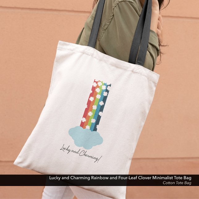 Lucky & Charming Rainbow 4-Löv Klöver minimalist Tygkasse (Lucky and Charming Minimalist Tote Bag with a Rainbow and Four-Leaf Clover Design. )
