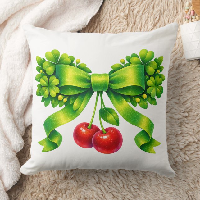 Lucky Clover Bow with Cherries Green Design Kudde (Filt)