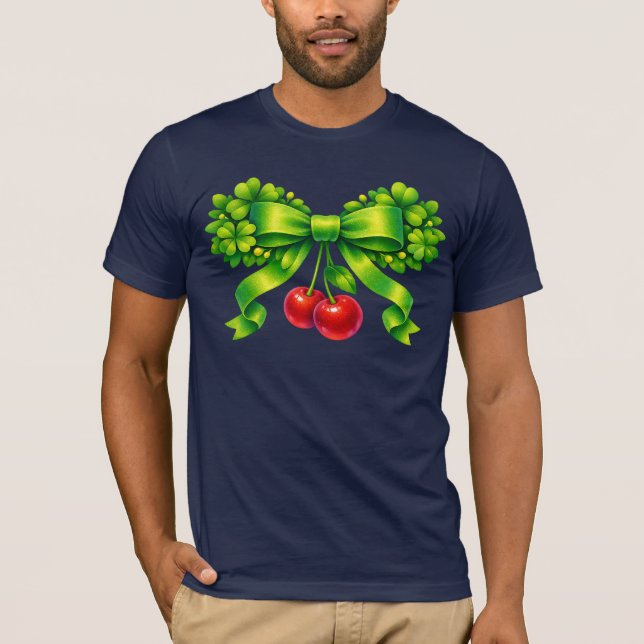Lucky Clover Bow with Cherries Green Design T Shirt (Framsida)