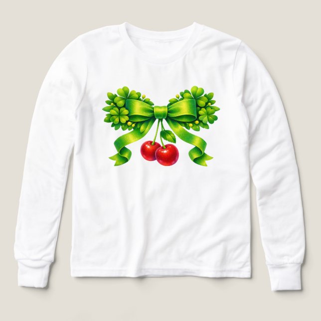 Lucky Clover Bow with Cherries Green Design T Shirt (Design framsida)