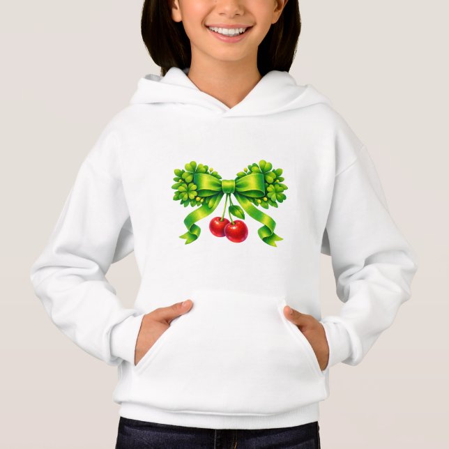 Lucky Clover Bow with Cherries Green Design T Shirt (Framsida)