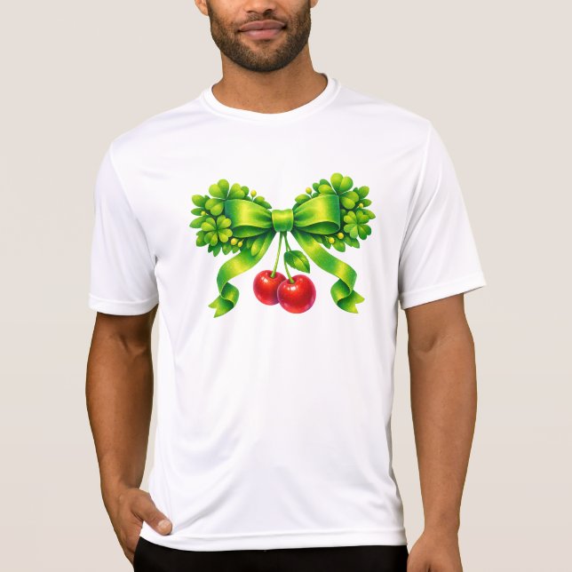 Lucky Clover Bow with Cherries Green Design T Shirt (Framsida)