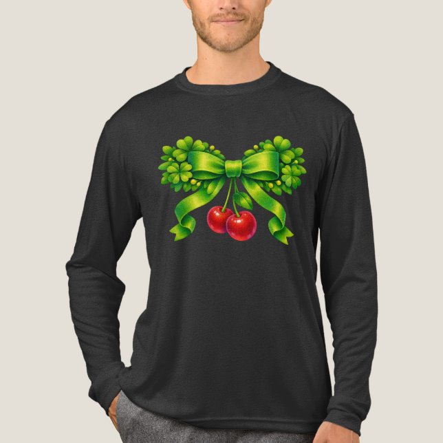 Lucky Clover Bow with Cherries Green Design T Shirt (Framsida)