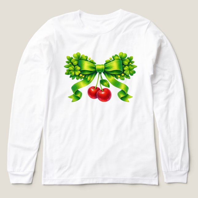 Lucky Clover Bow with Cherries Green Design T Shirt (Design framsida)