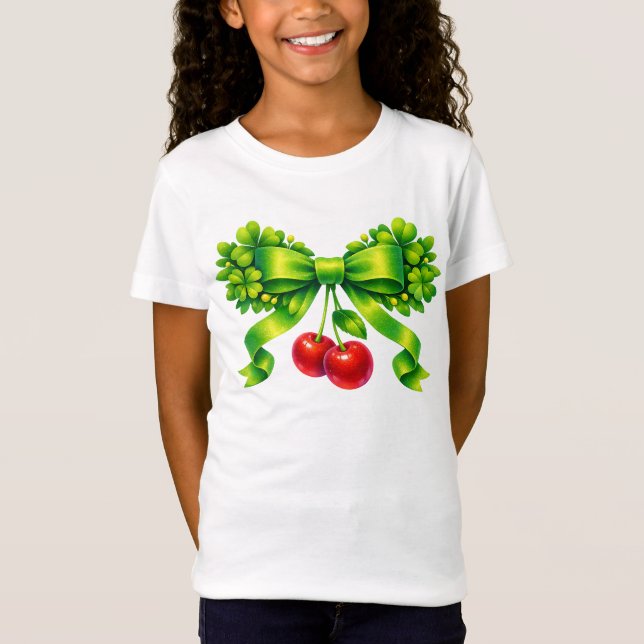 Lucky Clover Bow with Cherries Green Design T Shirt (Framsida)