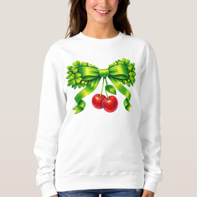 Lucky Clover Bow with Cherries Green Design T Shirt (Framsida)