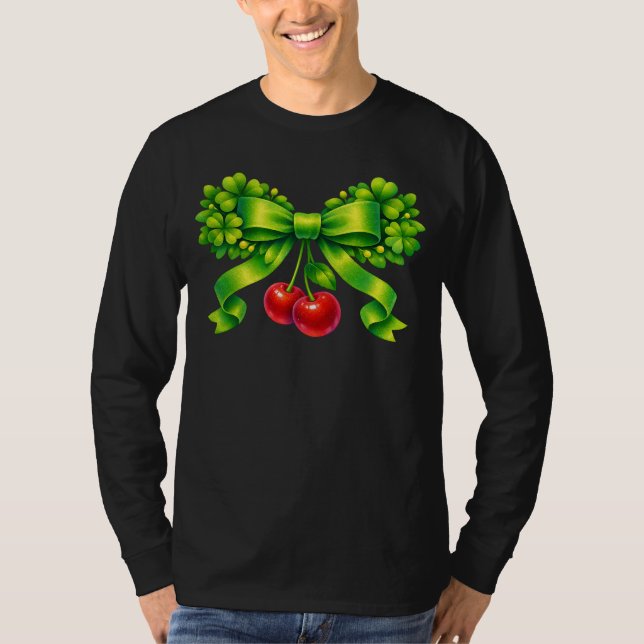 Lucky Clover Bow with Cherries Green Design T Shirt (Framsida)