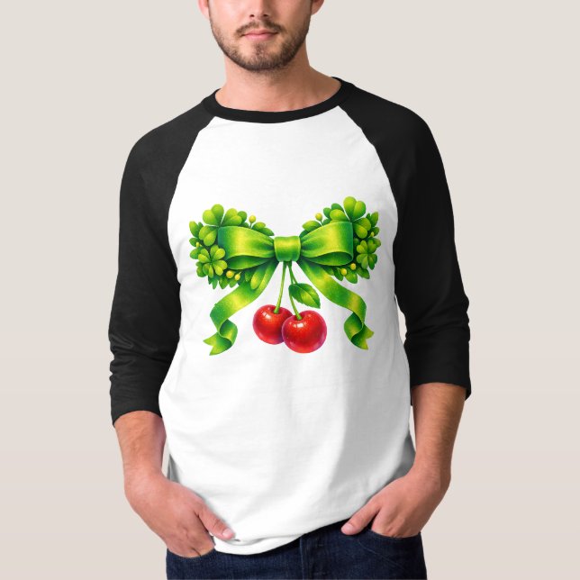 Lucky Clover Bow with Cherries Green Design T Shirt (Framsida)