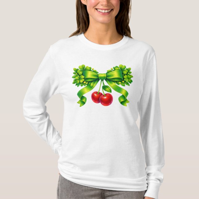 Lucky Clover Bow with Cherries Green Design T Shirt (Framsida)