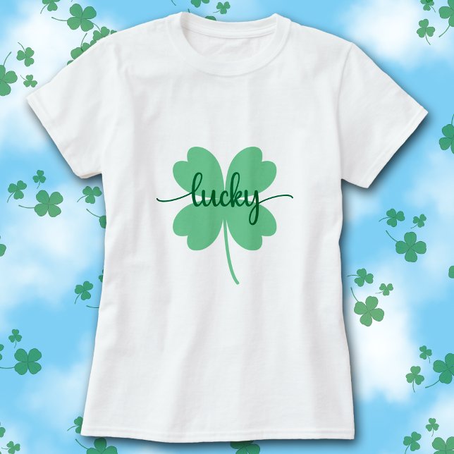 Lucky Clover Script St. Patrick's Day T-shirt      (White t-shirt with green Lucky script on a large solid green four-leaf clover graphic.)