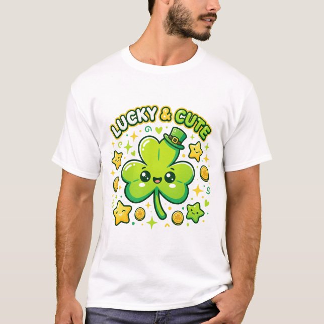 Lucky & Cute Shamrock Kawaii Design T Shirt (Framsida)