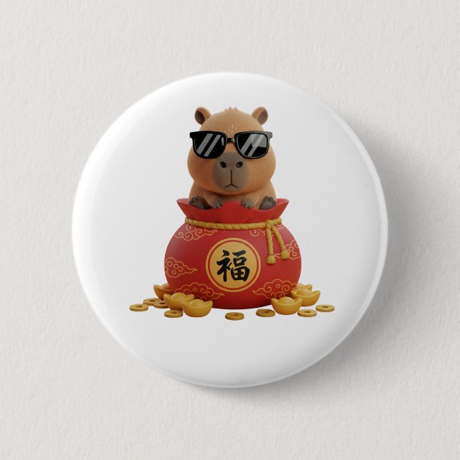 Lucky Fortune Bag Capybara Chinese New Year Button Knapp (Framsida)