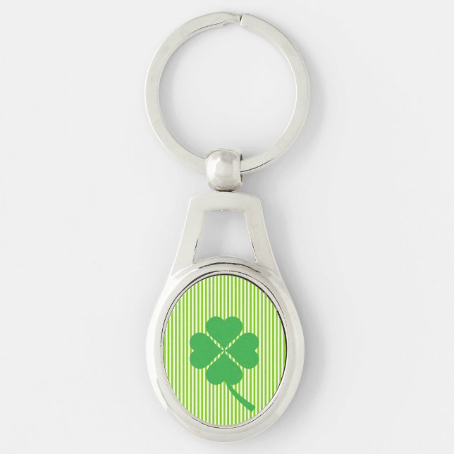 Lucky Four Löv Shamrock Design-87906 Ovalt Silverfärgad Nyckelring (Framsidan)