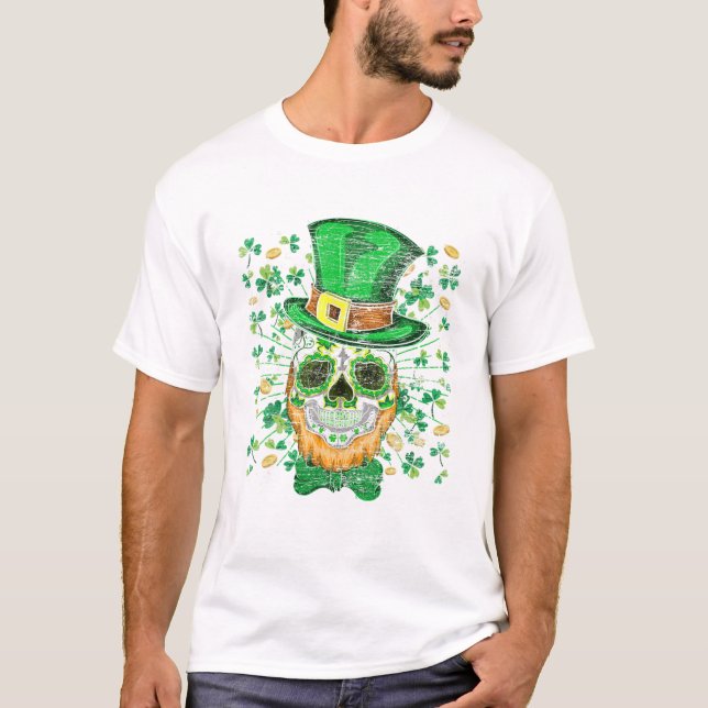 Lucky Four Löv Shamrock Klöver Skull Irish St Pat T Shirt (Framsida)