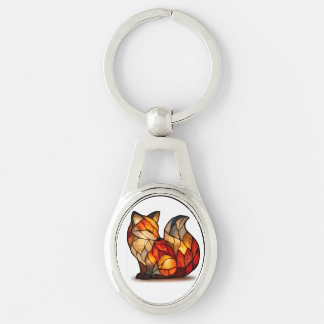 Lucky Fox Charm Metal Keychain Ovalt Silverfärgad Nyckelring (Framsidan)