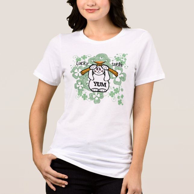 Lucky Fyrklöver Sushi-cat turist maneki neko T-shirt I Triblend-tyg (Framsida)