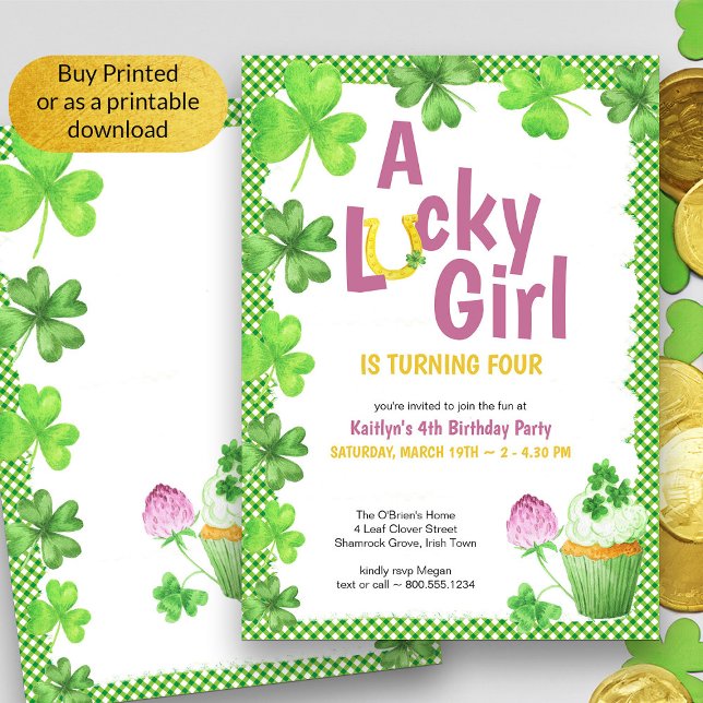 Lucky Girl Shamrock och Muffin Födelsedagsfest Inv Inbjudningar (Girls Birthday St Patricks Theme invitation - available printed or as a printable digital download)