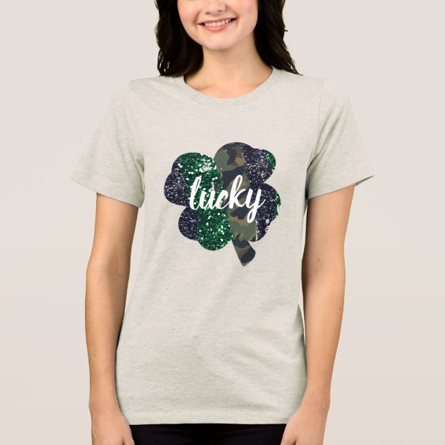 Lucky Glitter & Camo Shamrock St. Patrick's Day T Shirt (Framsida)