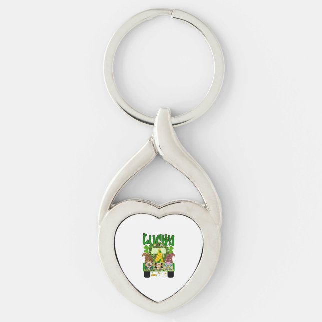 Lucky Gnomes St. Patrick's Day Twisted Heart Silverfärgad Nyckelring (Framsidan)
