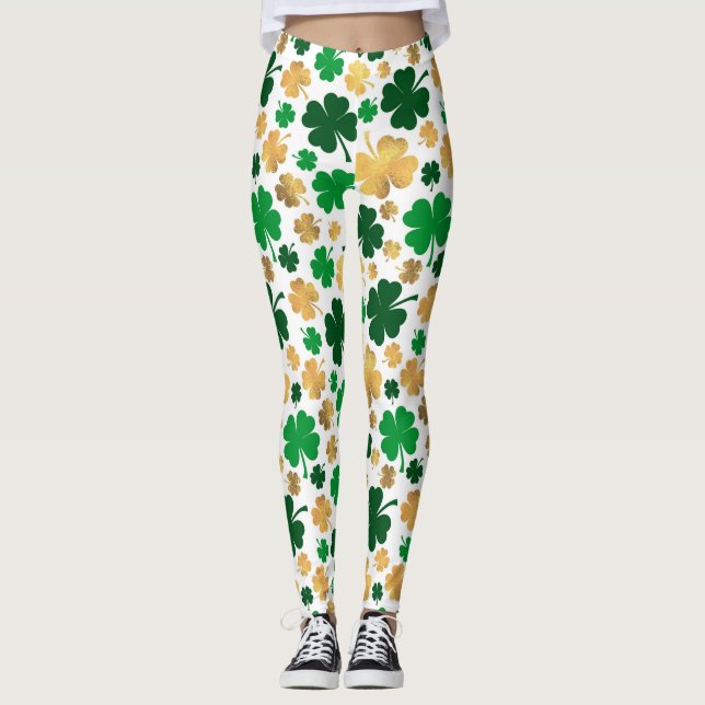 Lucky Gold Foil Fyrklöver Shamrock Mönster Leggings (Framsida)