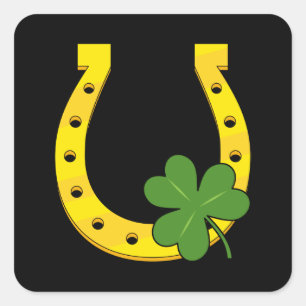 Lucky Golden Horseshoe med Shamrock on Black Fyrkantigt Klistermärke
