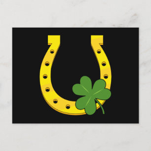 Lucky Golden Horseshoe med Shamrock on Black Helg Vykort