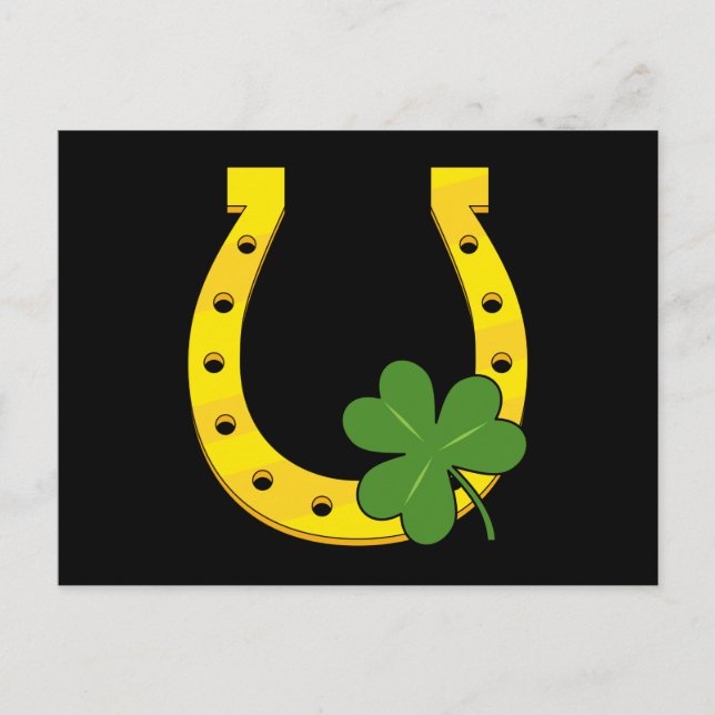 Lucky Golden Horseshoe med Shamrock on Black Helg Vykort (Framsida)