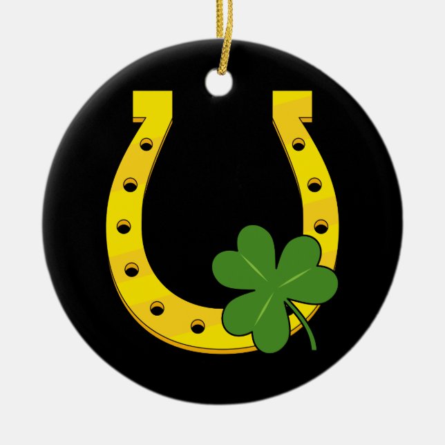 Lucky Golden Horseshoe med Shamrock on Black Julgransprydnad Keramik (Framsidan)