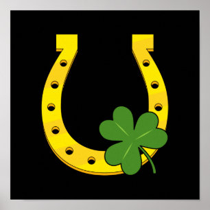 Lucky Golden Horseshoe med Shamrock on Black Poster