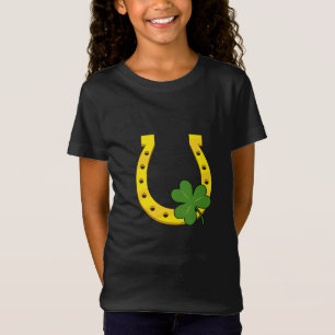 Lucky Golden Horseshoe med Shamrock on Black T Shirt