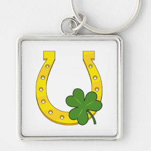 Lucky Golden Horseshoe med Shamrock on White Fyrkantig Silverfärgad Nyckelring